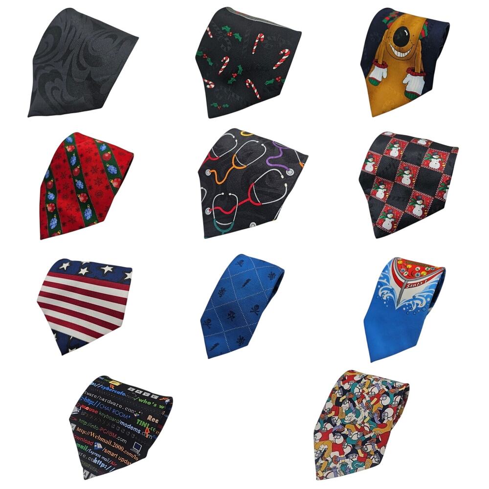11 Novelty Tie Lot Polyester Silk  - Large Vintage And Modern Tie Collection